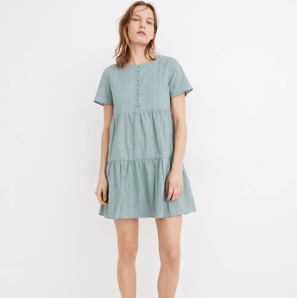 Madewell Embroidered Eyelet Tiered Button-Front Dress In Summer Breeze.